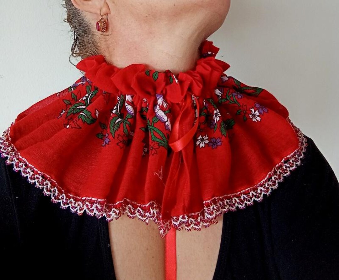 Red Ruffle Detachable Collar, Floral Lace, Victorian Style Cotton Neck ...