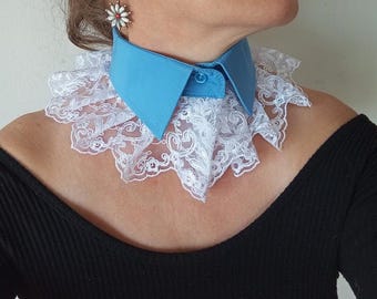 White Lace Ruffle Detachable Collar, Blue Dickey Collar