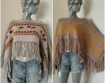 Brown Aran Fringe Poncho, Grey Fringed Sweater, Sweater with Fringe Oversized Aran Knitted Crop Top, Women's Wide Neck Fringed Free Top XL