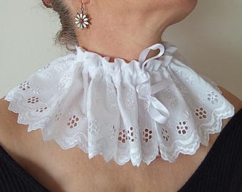 White Detachable Ruffle Lace Collar, Victorian Style Cotton Neck Ruff, Cosplay Accessories