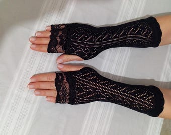 Lace Fingerless Gloves, Black Gothic Arm Warmers, Wedding Opera Gloves
