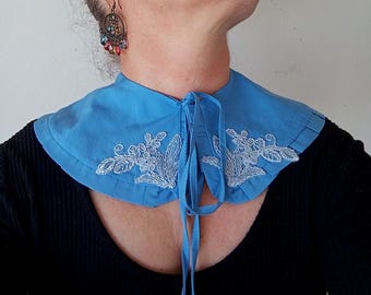 Detachable Blue Cotton Collar, White Lace Frill, Handmade Cosplay