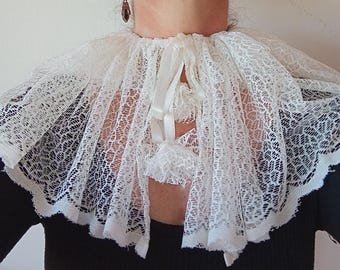 Ivory Ruffled Tulle Collar, Victorian Elizabeth Neck Ruff, Circus Costume