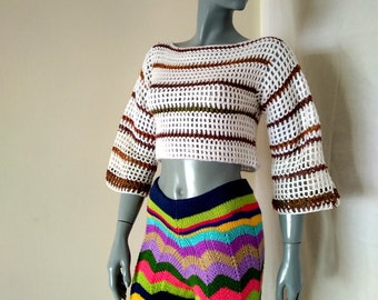 Crochet Cropped Women, White Summer Top, 3/4 Sleeve Top, Women Summer Striped Top, Boho Crochet Top, Knit Tank Top, Crochet Mesh Sweater Top
