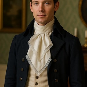 May include: A man in a navy blue coat with gold buttons, a cream-colored vest, and a white cravat with lace trim. The outfit is reminiscent of historical formal wear, possibly from the Regency era.