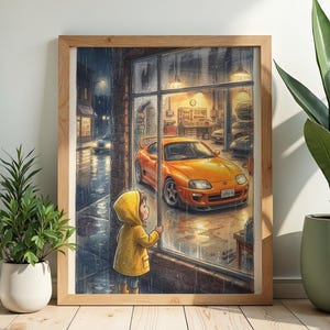 May include: A framed print depicts a child in a yellow raincoat looking at an orange sports car through a garage window. The scene is set in the rain, with reflections on the wet pavement and a warm glow from the garage lights.