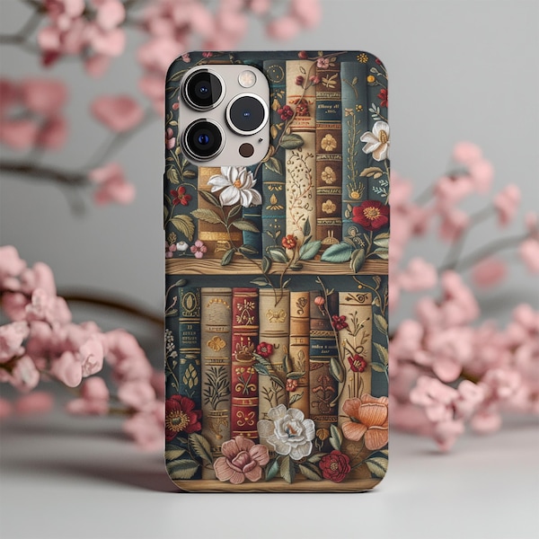 Vintage Floral Bookcase Phone Case, Antique Books & Botanical Flowers, Cottagecore Library Art, Elegant Aesthetic Protective Case for Women