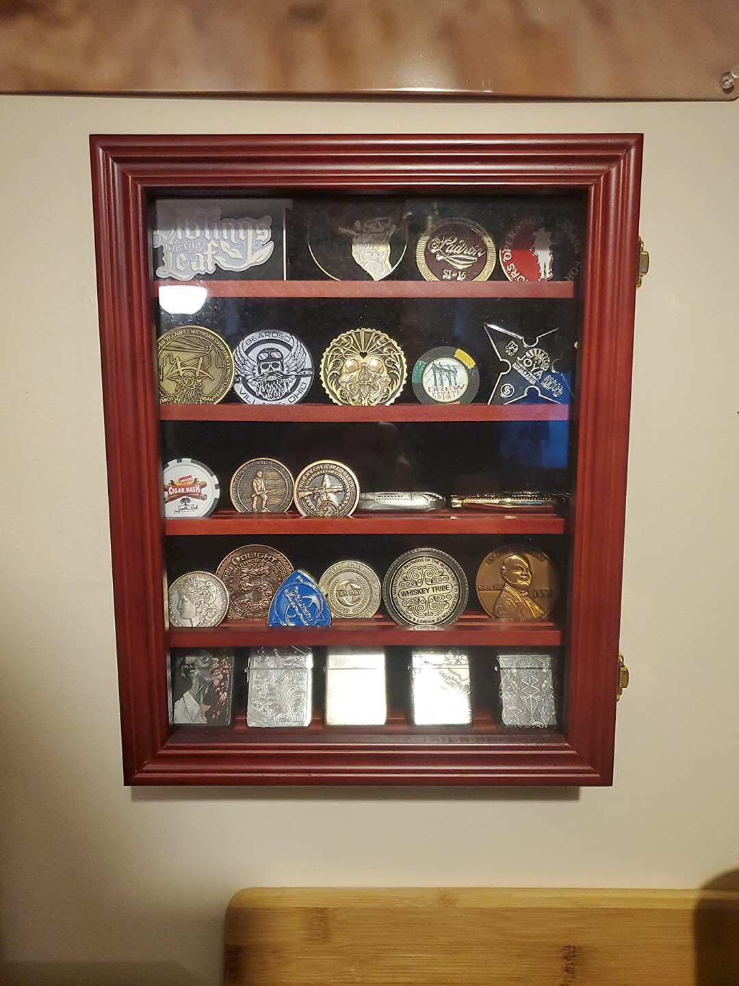 Grooved Coin Rack Wooden Challenge Coin Display Case With Glass Front & Wall Mount ...