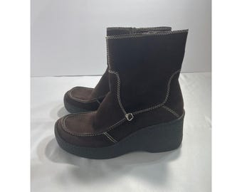 Bongo Vintage Suede Platform Wedge Ankle Boots Contrast Stitch Women 7.5 Brown