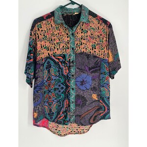 VTG Mahudi International Rayon Patchwork Paisley Print Button Up Shirt Frauen M