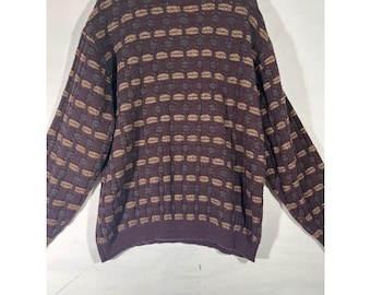 Suéter vintage Bill Blass para hombre, talla 3X, color marrón, con textura geométrica de tejido de cesta, estilo Grandpacore.