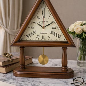 Vintage Triangle Wooden Table Clock with Pendulum | Silent Desk Clock | Roman Numeral Mantel Clock | Classic Home Decor | Home Decor Gift