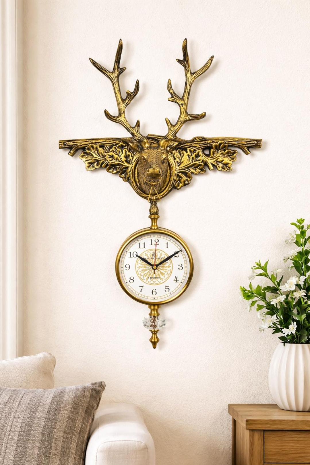 Vintage Gold Deer Head Wall Clock With Antlers – Rustic Farmhouse Stag ...