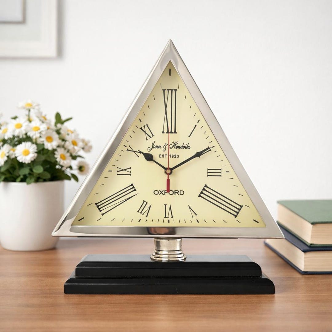 Vintage Steel Large Metal Table Clock - Triangular Desk Clock With ...
