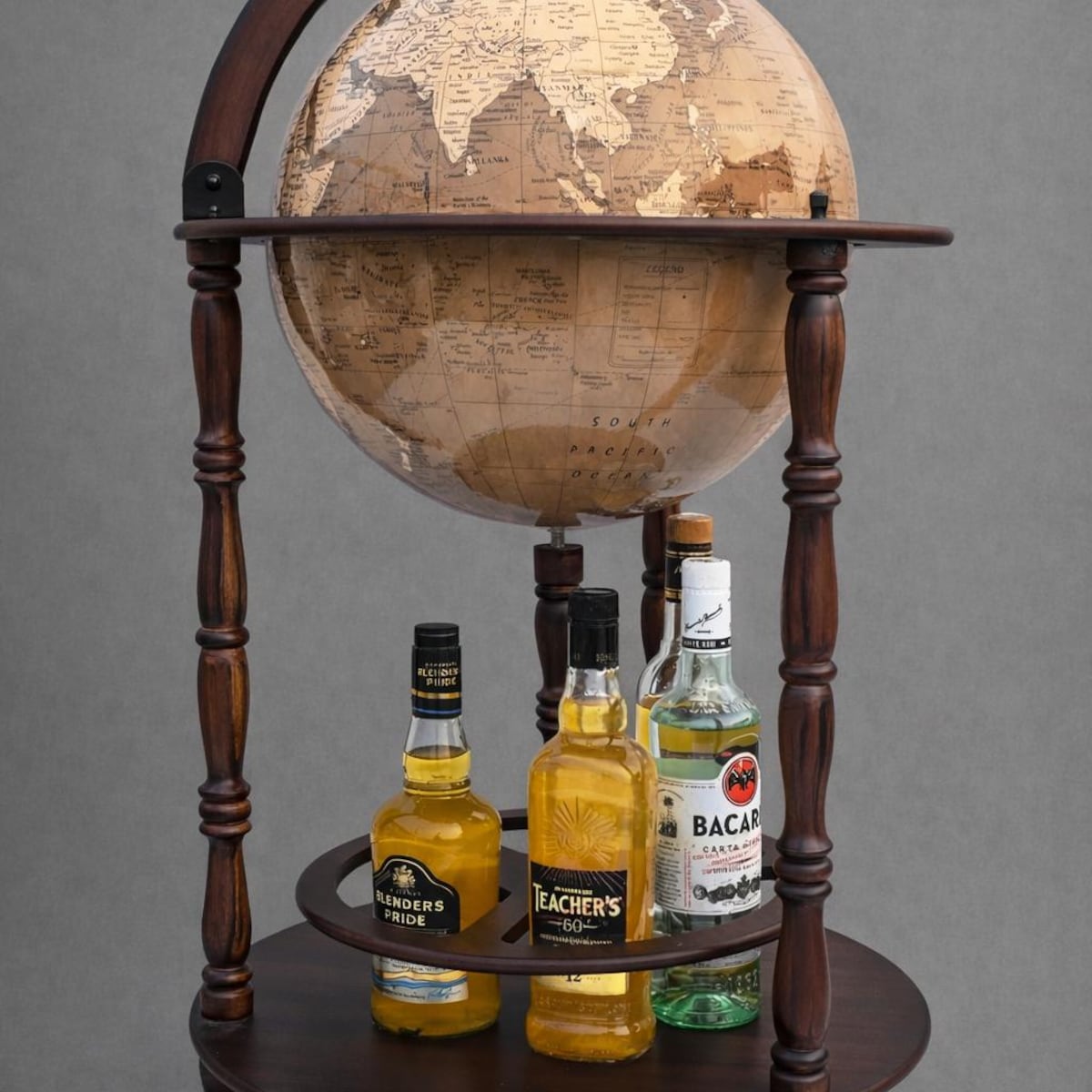 Vintage Globe Bar Cabinet with Wheels – Wooden World Map Liquor Bar Cart, Whiskey & Wine Storage Decor