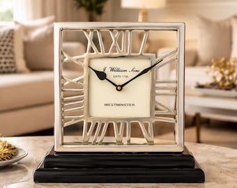 Vintage Large Skelton Table Clock – Roman Numeral Desk Clock with Black Base, Westminster Mantel Clock, Elegant Home Decor Gift