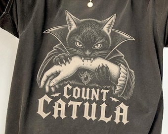 Dracula Shirt, Count Catula Vampire Cat Tee, Funny Gothic Halloween Graphic, Black Cat Biting Hand Meme, Vintage Retro Cozy Sweatshirt