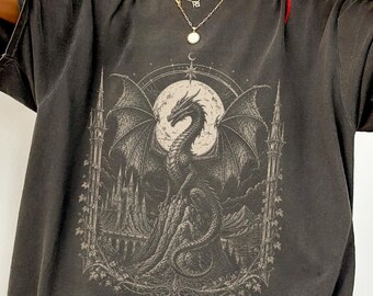 Dragon Shirt, Vintage Dark Fantasy Dragon Tee, Gothic Castle Moon Graphic T-Shirt, Dark Academia Bookish Gift, Grimdark 90s Retro Style