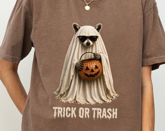 Trick or Trash Shirt, Funny Raccoon Ghost Halloween Tee, Cute Pumpkin Costume Graphic, Retro Spooky Season Gift, Vintage Cozy Sweatshirt