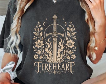 Fireheart Shirt, Floral Sword Celestial Tee, Dark Academia Fantasy Book Lover Gift, Romantasy Reader Shirt, Burning Blade Graphic Tee