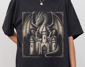 Dragon and Castle Shirt, Gothic Fantasy Graphic Tee, Medieval Fantasy Sweatshirt, Vintage Dragon Lover Gift, Bookish Tee, Y2K Retro Shirt
