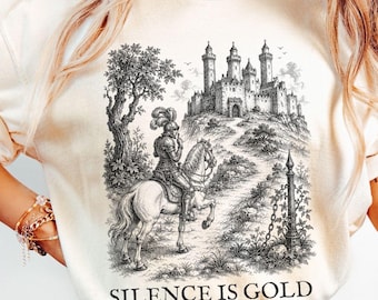 Linocut Style Medieval Knight Shirt, Silence Is Gold Vintage Castle Graphic Tee, Dark Academia Bookish Reader Gift, Gothic Fantasy Tee