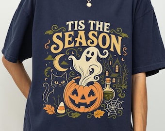 Halloween Shirt, Spooky Season Sweatshirt, Retro Halloween Tee, Vintage Halloween Pumpkin Ghost, Tis the Season, Black Cat Fall Gift