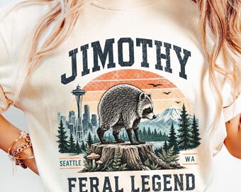Jimothy Raccoon Shirt, Seattle Feral Legend Tee, Vintage Sunset Graphic, Funny Viral Meme Pacific Northwest T-Shirt, Space Needle Retro Tee