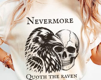 Edgar Allan Poe Shirt, Nevermore Raven Skull Tee, Gothic Dark Academia Sweatshirt, Book Lover Gift, Vintage Goth Literary Reader Shirt
