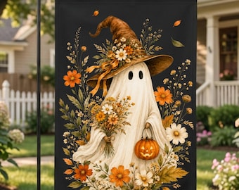 Witch Hat Ghost Garden Flag, Floral Cottagecore Halloween Yard Decor, Fall Garden Flag, Witchy Autumn Porch Banner, Cute Pumpkin House Flag