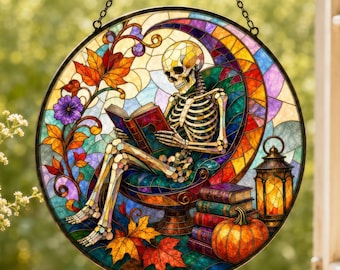 Book Lover Stained Glass Suncatcher, Skeleton Reading Window Hanging, Skull Bookshelf Decor, Librarian Gift, Halloween Autumn Sun Catcher