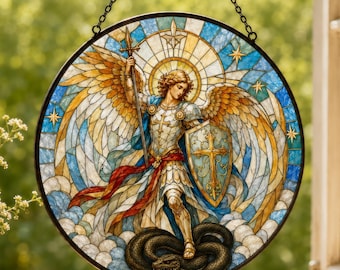 Archangel Michael Stained Glass Suncatcher, Saint Michael Window Hanging, Guardian Angel Christian Gift, Warrior Angel Spiritual Home Decor