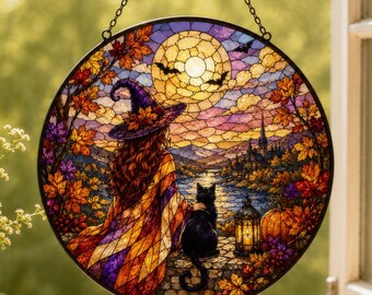 Autumn Witch Halloween Stained Glass Suncatcher, Cottagecore Fall Window Hanging, Black Cat Pumpkin Moon Sun Catcher, Mabon Samhain Gift