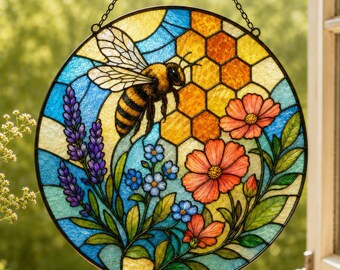 Bee Stained Glass Suncatcher, Bumble Bee Honeybee Window Hangings, Honeycomb Wildflower Bee Garden Art Decor, Bee Lover Gift for Gardener