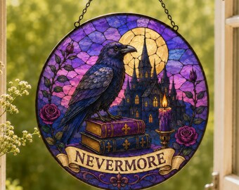 Edgar Allan Poe Raven Suncatcher, Nevermore Stained Glass Style Window Hanging, Dark Academia Gothic Bookish Home Decor, Literary Gift Idea