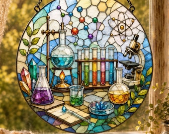 Chemistry Lab Stained Glass Suncatcher, Science Window Hanging Decor, Beaker Microscope Sun Catcher, Science Teacher Gift Classroom Art