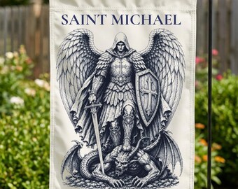 Biblical Angel Garden Flag, Saint Michael Defend Us in Battle Sign, Vintage Catholic Line Art Decor, Confirmation Baptism Guardian Gift
