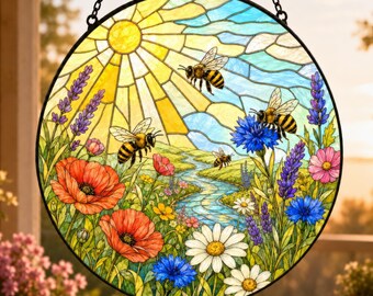 Bee Stained Glass Suncatcher, Wildflower Meadow Window Hanging, Honey Bee Sun Catcher, Bee Garden Art Decor, Bee Lover Gift, Gift for Mom