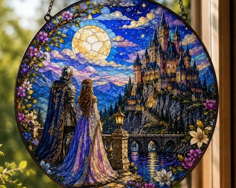 Book Lover Gift Suncatcher, Stained Glass Moonlit Castle Window Hanging, Romantasy Celestial Decor, Knight and Maiden Medieval Fantasy Art
