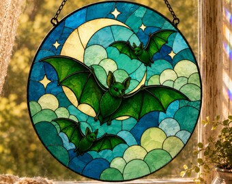 Stained Glass Style Green Bat Suncatcher, Celestial Moon and Stars Window Hanging, Whimsigoth Halloween Home Decor, Bat Lover Gift Idea