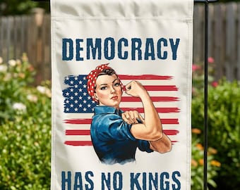 Bandera "Sin reyes", Bandera de jardín "La democracia no tiene reyes", Bandera de casa anti-Trump de Rosie la Remachadora, Pancarta de jardín feminista "Resiste el fascismo"