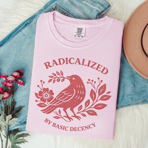 レトロな「Radicalized By Basic Decency」シャツ、女性用フェミニスト活動家Tシャツ、ヴィンテージの政治グラフィック、社会正義ギフト