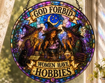Kitchen Witch Stained Glass Suncatcher, God Forbid Women Have Hobbies Window Hanging, Cauldron Potion Sun Catcher, Halloween Witchy Decor