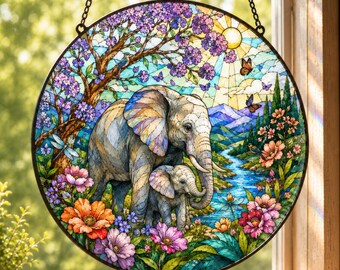 Elephant Stained Glass Suncatcher, Mother and Baby Elephant Window Hanging Decor, Housewarming Gift Idea, Elephant Lover Gift