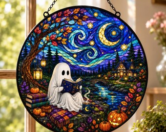 Boo Suncatcher, Stained Glass Ghost Reading Book Window Hanging, Van Gogh Style Starry Night Sun Catcher, Cozy Halloween Fall Decor Gift