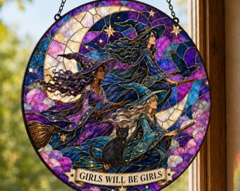 Witch Stained Glass Suncatcher, Girls Will Be Girls Window Hanging, Three Witches Black Cat Raven Sun Catcher, Halloween Witchy Gift
