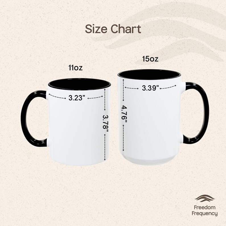 May include: A size chart showing two white coffee mugs with black rims and handles. The 11oz mug is 8.2 cm wide and 9.6 cm tall. The 15oz mug is 8.6 cm wide and 12.1 cm tall. The text "Size Chart" is at the top.