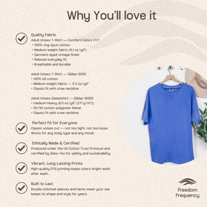 Puede incluir: Una camiseta azul de manga corta colgada en una percha de madera. La imagen incluye texto que detalla las especificaciones de las prendas Comfort Colors 1717, Gildan 5000 y Gildan 18000, incluyendo pesos de tela en g/m&sup2; y mezclas de algod&oacute;n y poli&eacute;ster.