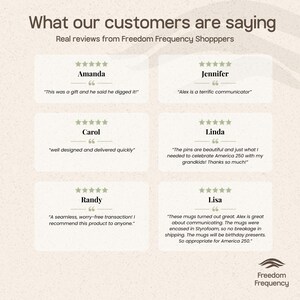 Puede incluir: Una pantalla gr&aacute;fica titulada What our customers are saying, que presenta seis rese&ntilde;as de cinco estrellas de Freedom Frequency Shoppers. Cada rese&ntilde;a incluye un nombre de cliente, comillas y texto que detalla comentarios positivos.