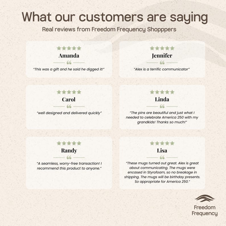 Puede incluir: Una pantalla gr&aacute;fica titulada What our customers are saying, que presenta seis rese&ntilde;as de cinco estrellas de Freedom Frequency Shoppers. Cada rese&ntilde;a incluye un nombre de cliente, comillas y texto que detalla comentarios positivos.